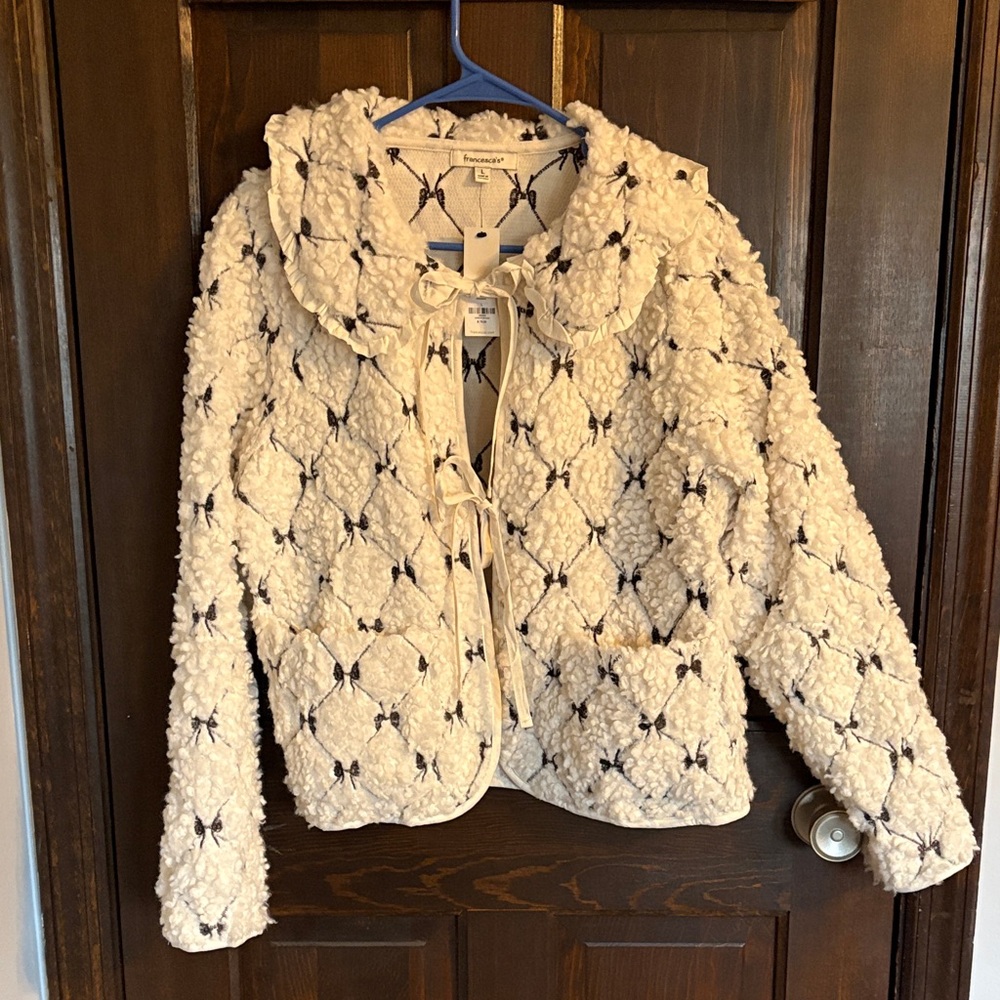Francesca's Cream Knit Jacket with Dark brown Bow Pattern